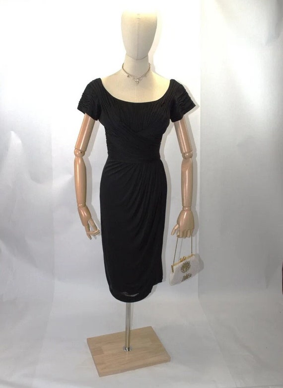 1950s Ceil Chapman Silk Ruched Black Cocktail Dres