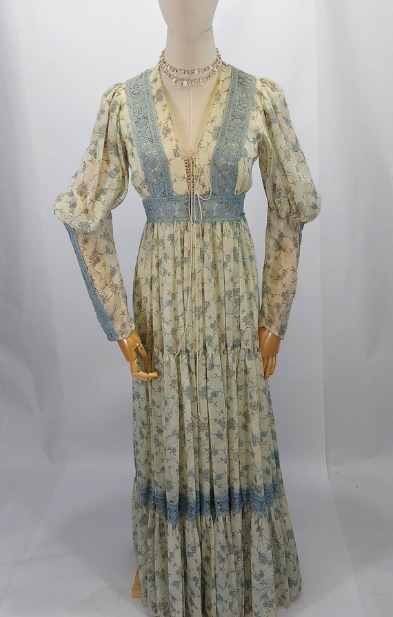 1970s Gunne Sax Floral Cream and Blue Prairie Maxi