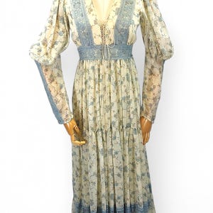 Gunne Sax jaren 70 bloemen crème en blauwe prairie maxi-jurk 32&quot;B 26&quot;b