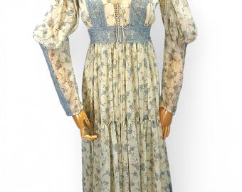 1970s Gunne Sax Floral Cream and Blue Prairie Maxi Dress 32&quot;B 26&quot;W