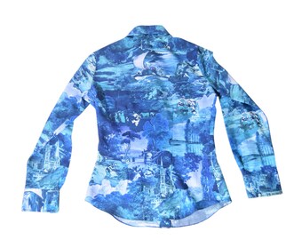 1970s Kennington Disney Disco Blue Long Sleeve Button Down Shirt 36" Chest