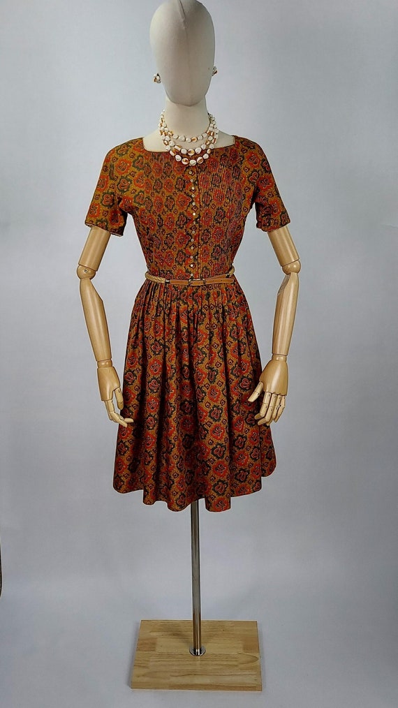 1950-1960s Jeanne D'Arc Paisley Printed Day Dress 