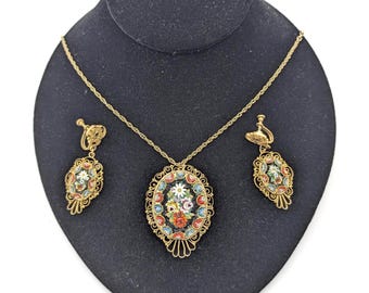 1940s/50s Italian Micro Mosaic Necklace or Brooch and Screw Back Earrings