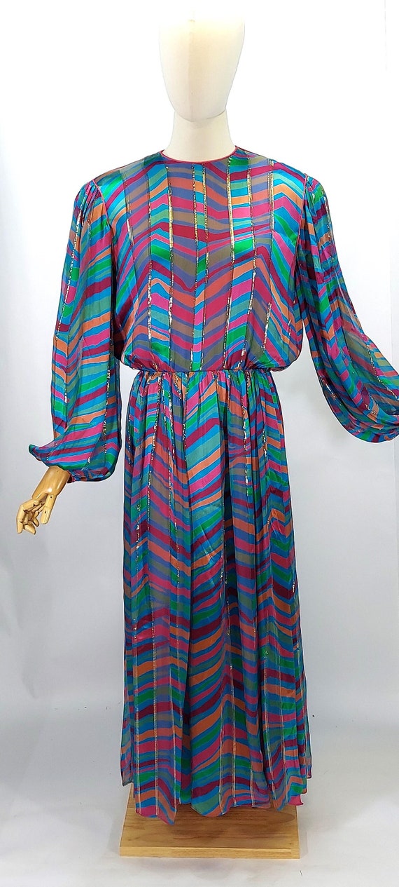 1980s Adele Simpson Teal and Pink Printed Silk Eve