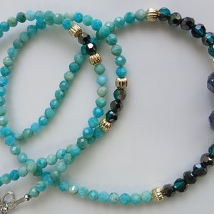 Sterling Silver Necklace with Agate (light blue), Glass Syn Beads, Gold-plated Beads