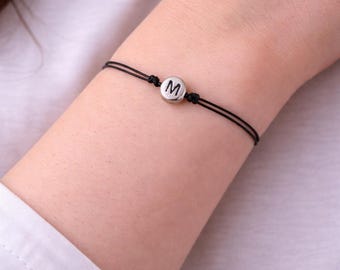 Personalized,cord bracelet, Black Adjustable Cord Bracelet, Initial bead bracelet, Waxed Cotton String Bracelet, Mens, kids Bracelet Jewelry