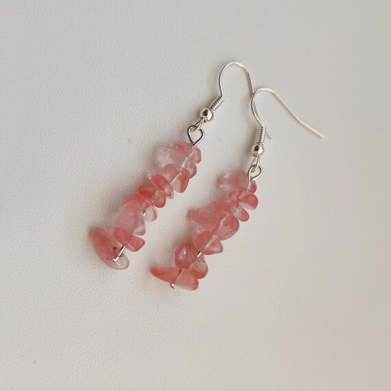Genuine cherry quartz earrings, Gemstone Chips Bead Mala beads  Reiki jewelry, gemstone protection jewelry
