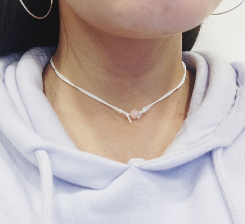 Minimal Necklace White Cord Necklace White String Rose Quartz Choker Christmas Gift White Cord Necklace Jewelry for Mens or Womens