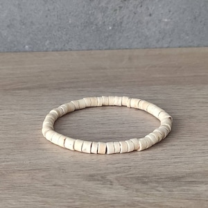 Coconut Wood Beaded Bracelet, Bead Bracelets for Men and Women, Stacking Wooden Stretch Bracelets, Beige Beachy Surfer Bracelet