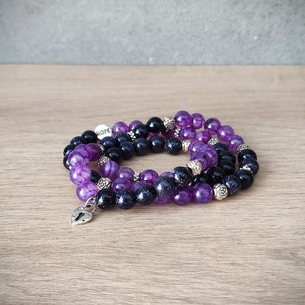 Dragon veins violet Agate, mala bead bracelet, Lock charm and HOPE bead. Energy, meditation, yoga jewelry. Blue sunstone beads jewelry