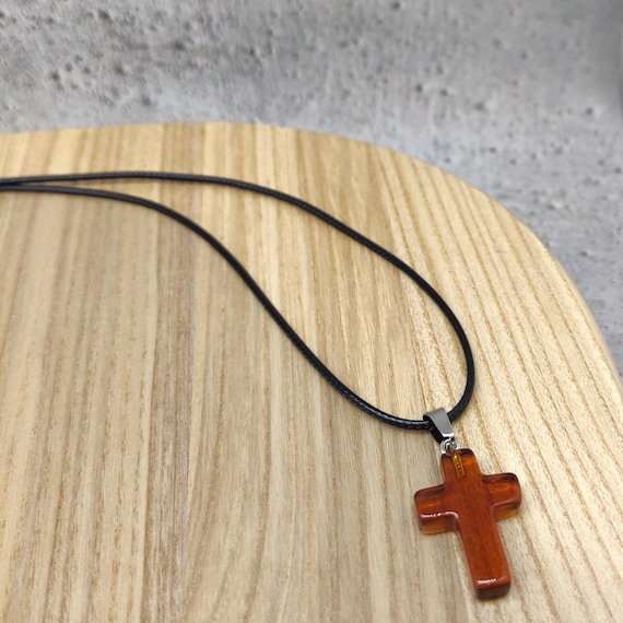 Brown Glass Cross Necklace, Cross Necklace, Cord Necklace, Brown