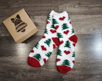 Calzini soffici natalizi – Design albero di Natale e cuore con scatola regalo