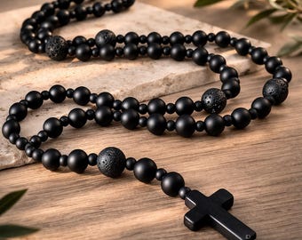 Collana in onice nero, collana rosario, collana croce, collana da uomo, collana con perline, regalo da uomo, regalo per fidanzato, collana da marito per uomo