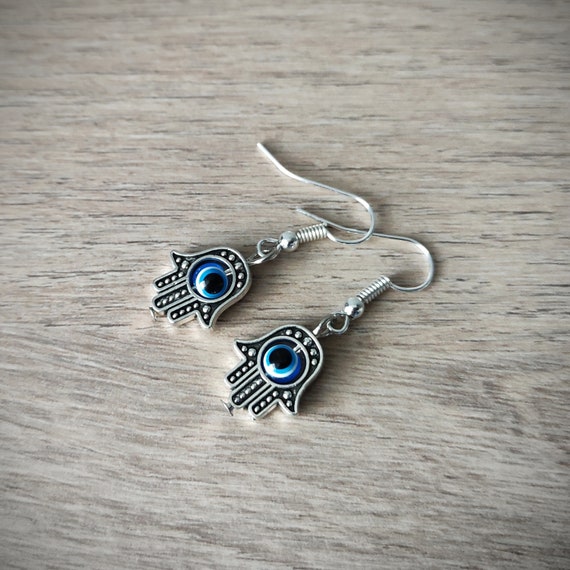 Hamsa Hand Earrings silver Hamsa Hand evil Eye Earrings yoga drop Earrings Dangle Earings boho Jewelry woman girl protection meditation Etsy