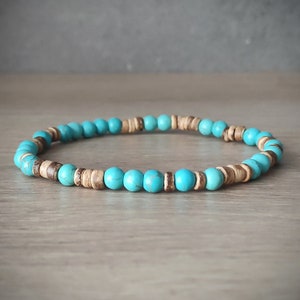 Surfer bracelet. Coconut wood & turquoise beads boho bracelet. Brown turquoise stretch bracelet for women and men.