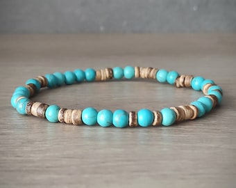 Surfer bracelet. Coconut wood & turquoise beads boho bracelet. Brown turquoise stretch bracelet for women and men.