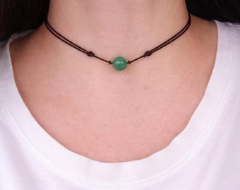 Aventurine Choker, Gemstone Choker, Choker Necklace, Boho Choker, Bohemian Choker, Single Bead Choker, Thin Black Choker, Green Bead Choker