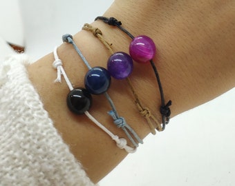 Gemstone Bracelet, Adjustable Cord Bracelet, Agate - Onyx Bracelet, Blue Agate Bracelet, Pink Agate Bracelet, Amethyst Crystal Bracelets