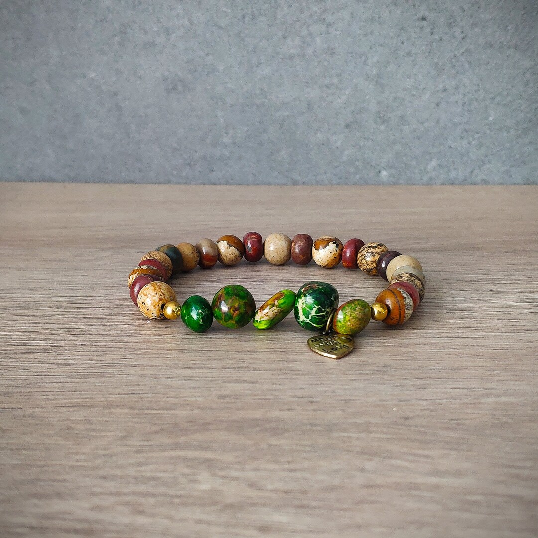 Braccialetto Uomo/Donna In Jasper Imperiale E Legno – Perline 6mm, Stile Vintage, Fatto A Mano USA, Regalo Guarigione - Foto 3
