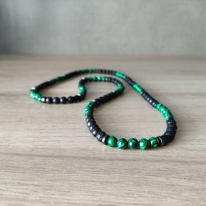Men&#39;s Black Lava Stone Necklace, Men&#39;s Natural Green Malachite Necklace, Men&#39;s Beaded Necklace, Hematite Beads Necklace, Surfer Necklace