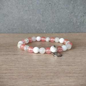 Cherry quartz, malay jade gemstone beads, cracked glass beads bracelet. Mala beads. Life tree charm. Energy, meditation, yoga jewelry.