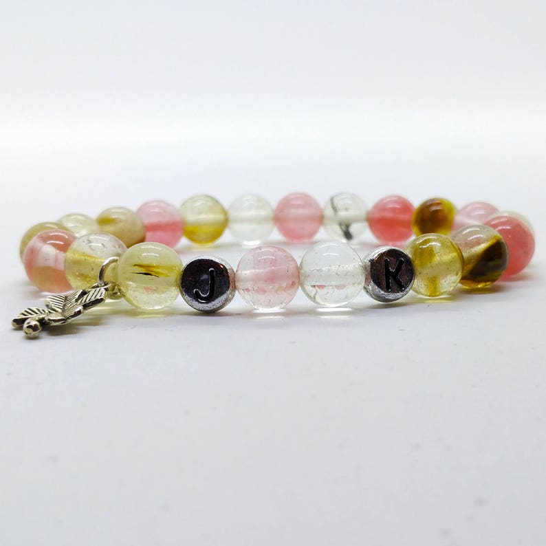Tourmaline, personalized bracelet.Initials letters Mala beads. Clever leaf charm. Energy, meditation, yoga jewelry. image 1
