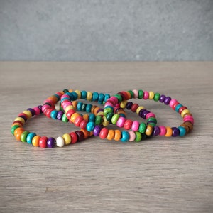 Wood beads bracelet, 4 mm colorful wooden beads. Jewelry, small breads bracelet, elastic stretch string.Kids bracelet.Surfer style.