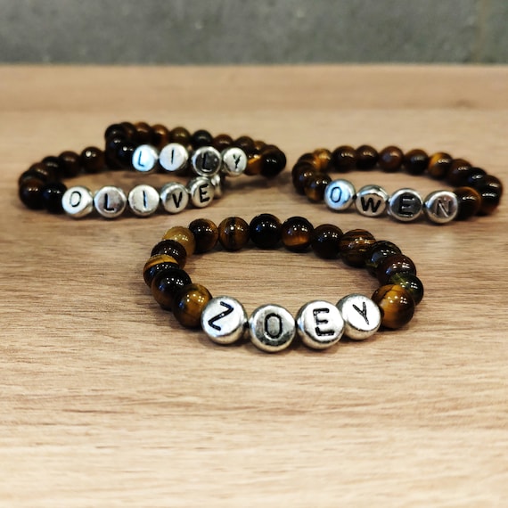 Pulsera de nombre de niño, Pulsera de ojo de tigre Niños, Pulsera de  cuentas de nombre personalizado, Pulsera de nombre de niño Pulseras