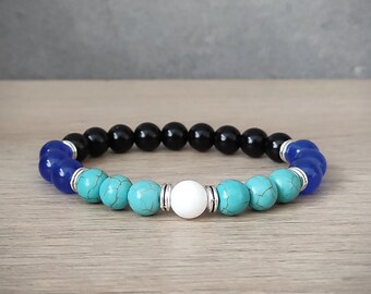 Harmony Bracelet,Turquoise,Blue and Black Stones 8mm Beads,Elastic Bracelet,Gemstone Bracelet,Lucky Bracelet,Man,Woman,Beaded Jewelry,Gift