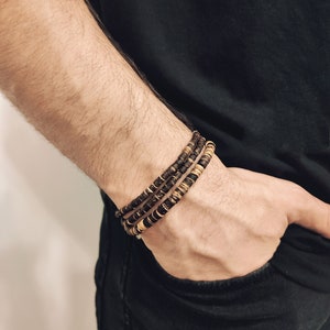 Coconut Wood Beaded Bracelet, Double Bracelet for Men and Women, Stacking Wooden Stretch Bracelets, Dark Brown Beachy Surfer Bracelet