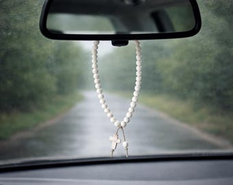 Rearview Mirror Howlite Beads Rearview Mirror Cross Car Accessories for Mens Gift Car Charm Boyfriend Gift Husband Gift Brother Gift
