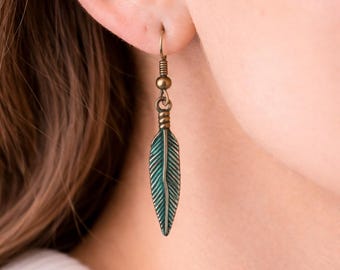 Turquoise Feather Earrings, Bronze Earrings, Rustic Earrings, Gift For Her, Turquoise  Earrings, Rustic Feather Feather Jewelry