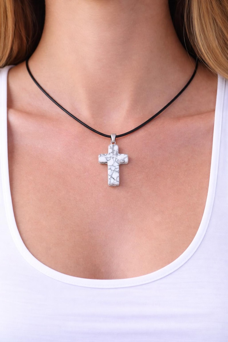 Howlite Cross Crystal Necklace, Cross Necklace, Cord Necklace ...