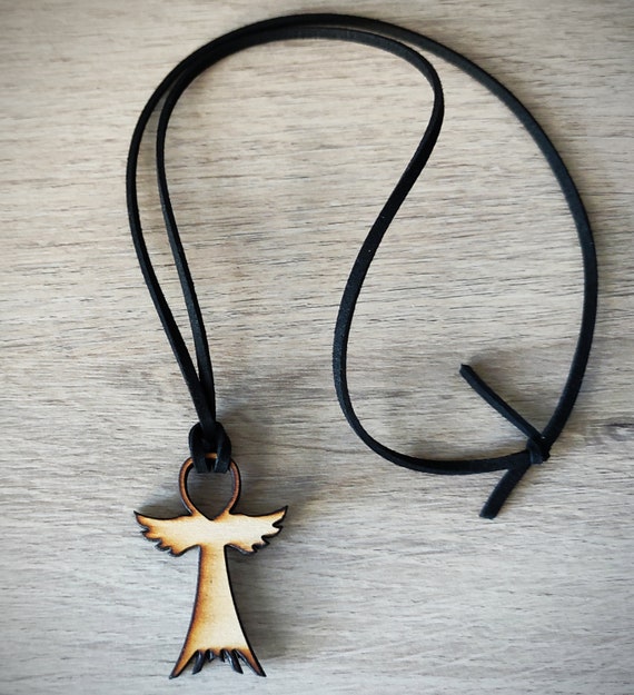 Wooden Angel Ankh Cross Eternal Key of Life Faith Pendant Black