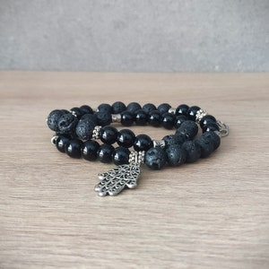 Hamsa bracelet, Lava, vulcanic beads, Agate - onyx beads, mala beads bracelet, Energy, yoga jewelry. Gemstone bracelet. Christmas gift