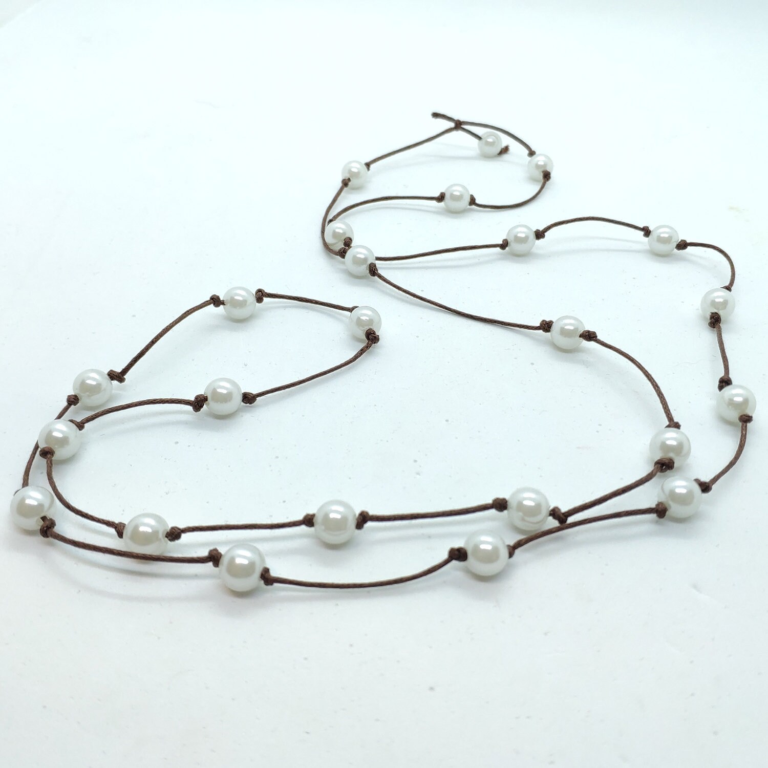 Pearl Cord Necklace, Long Necklace Waxed Cord With Pearl Beads. Valentine day gift, women jewelry, girls necklace, long pearl necklace