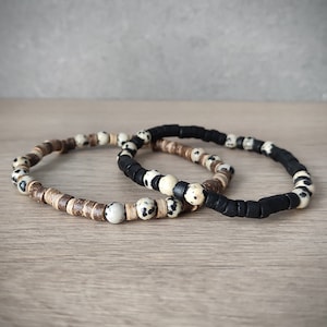 Mens bracelet. Mens surfer bracelet. Jasper beaded bracelet. Mens spot jasper bracelets. Mens stretch bracelet. Mens coconut bracelets.