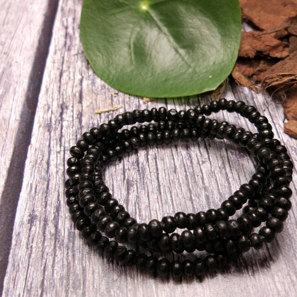 Black wood bead btacelet, handmade jewelry, women, man bracelet. Small 4 mm black bead elastic string bracelet. Wooden beads, surfer style