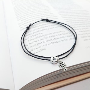 Black Cord Bracelet, Cross charm bracelet, Waxed Cotton String Bracelet,Surfer Bracelet.Mens Bracelet Jewelry.Personalized bracelet, initial