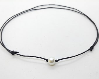 Pearl Choker, Necklace Adjustable Waxed Cord With Pearl Bead. Cick Choker, women jewelry, girls necklace. Adjustable chocker, pearl necklace