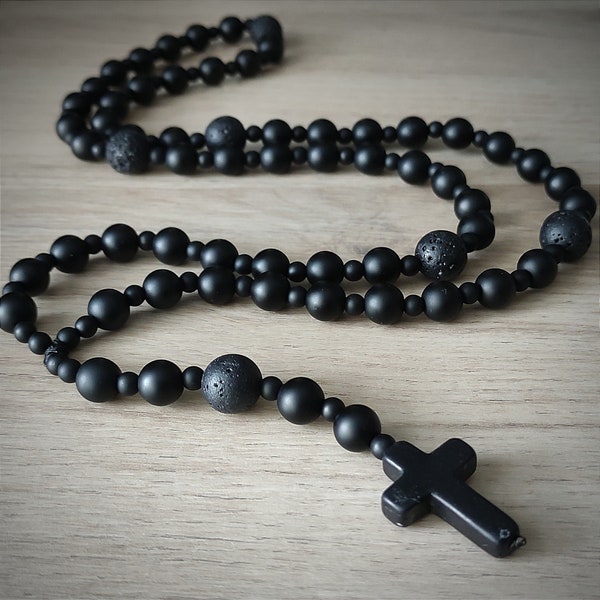 Collier Onyx noir Collier chapelet Collier croix Collier homme Collier perlé Cadeau homme Cadeau petit ami pour lui Collier mari pour hommes