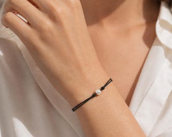 Pearl bracelet, Cord Bracelet, Anklet Black Adjustable Cord Bracelet,  Waxed Cotton String Bracelet, Mens, kids Bracelet Jewelry