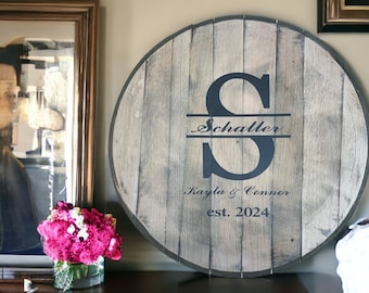 Wedding Guestbook alternative made with bourbon barrel head, personalized, monogram, guestbook, wedding,  guest book