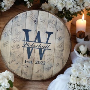 Whiskey Barrel head wedding guestbook