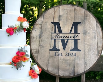 Wedding Guestbook alternative made with bourbon barrel head, personalized, monogram, guestbook, wedding,  guest book