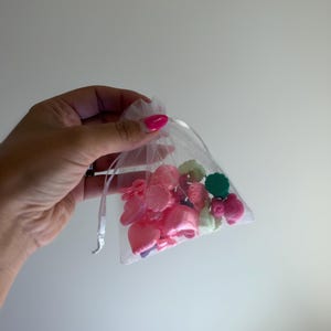 May include: A small, semi-transparent white organza drawstring pouch filled with a collection of various small, molded plastic charms in shades of pink, light green, and dark green, featuring heart, flower, and other assorted shapes.