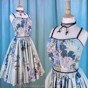 True 1950s Vintage Small W26 Jackie Morgan California Painted Tableau Berries Fruit Novelty Print Cotton Full Skirt Swing Summer Sun Dress S