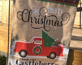 Personalized Vintage Truck Snowman Winter Holidays Merry Christmas Nylon Garden Flag