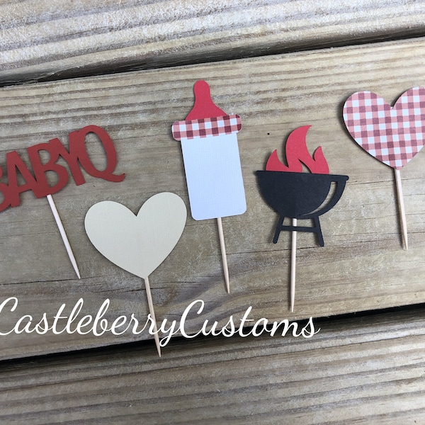 Custom Handmade BaBy-Q Barbecue Baby Shower Cupcake Toppers