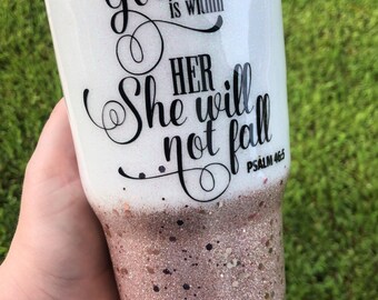 Rose Gold Glitter Tumbler, Floral Christian Verse, 30oz Epoxy Stainless Steel